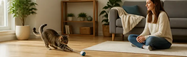 Cat engaging with an appropriate toy while a person keeps hands and feet at a safe distance