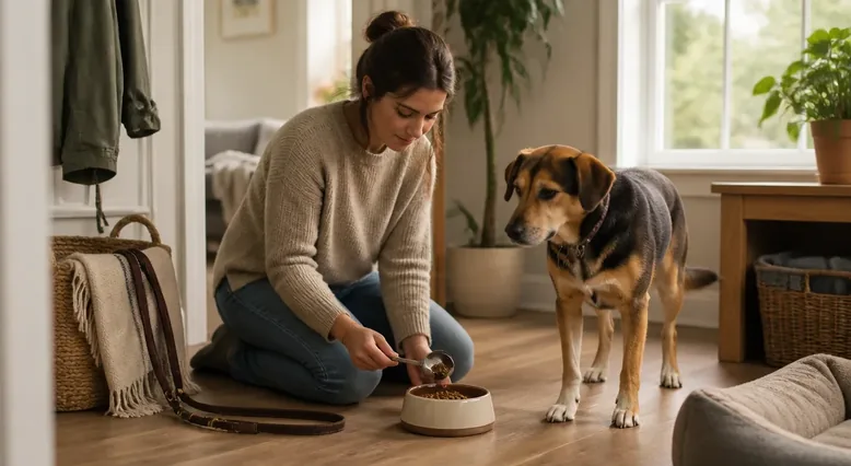 Caregiver maintaining a calm daily routine with a pet after a household loss