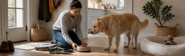 Caregiver maintaining a calm daily routine with a pet after a household loss