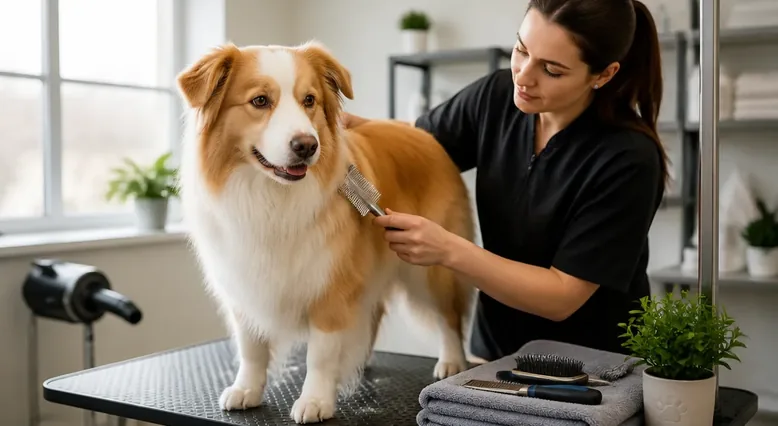 Dog receiving careful professional grooming around the sanitary area