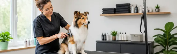 Dog receiving careful professional grooming around the sanitary area