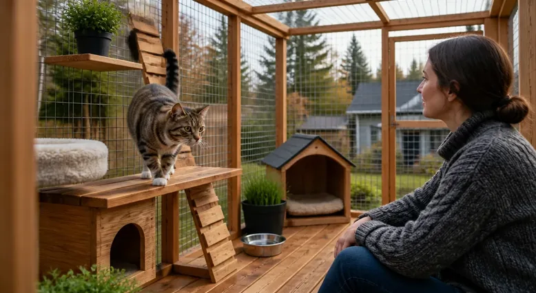 Cat exploring a secure outdoor enclosure beside its guardian