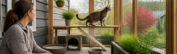 Cat exploring a secure outdoor enclosure beside its guardian