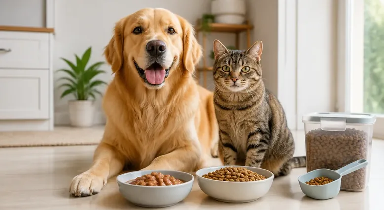 Bowls of wet and dry pet food beside a measuring scoop