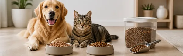 Bowls of wet and dry pet food beside a measuring scoop