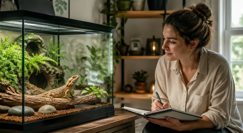 Reptile caregiver calmly managing a secure enclosure while recording escape behaviour triggers