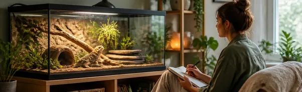 Reptile caregiver calmly managing a secure enclosure while recording escape behaviour triggers