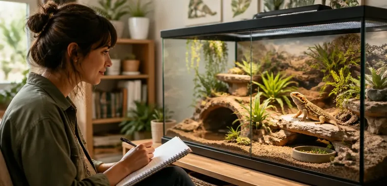 Reptile caregiver calmly managing a secure enclosure while recording escape behaviour triggers